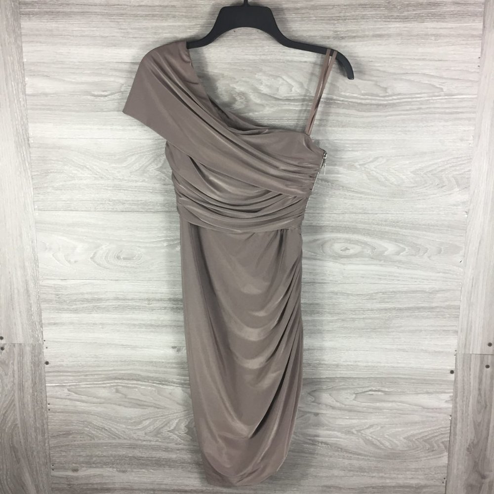 ELIZA J Ruched One-shoulder Dress In Taupe - Picture 2 of 6